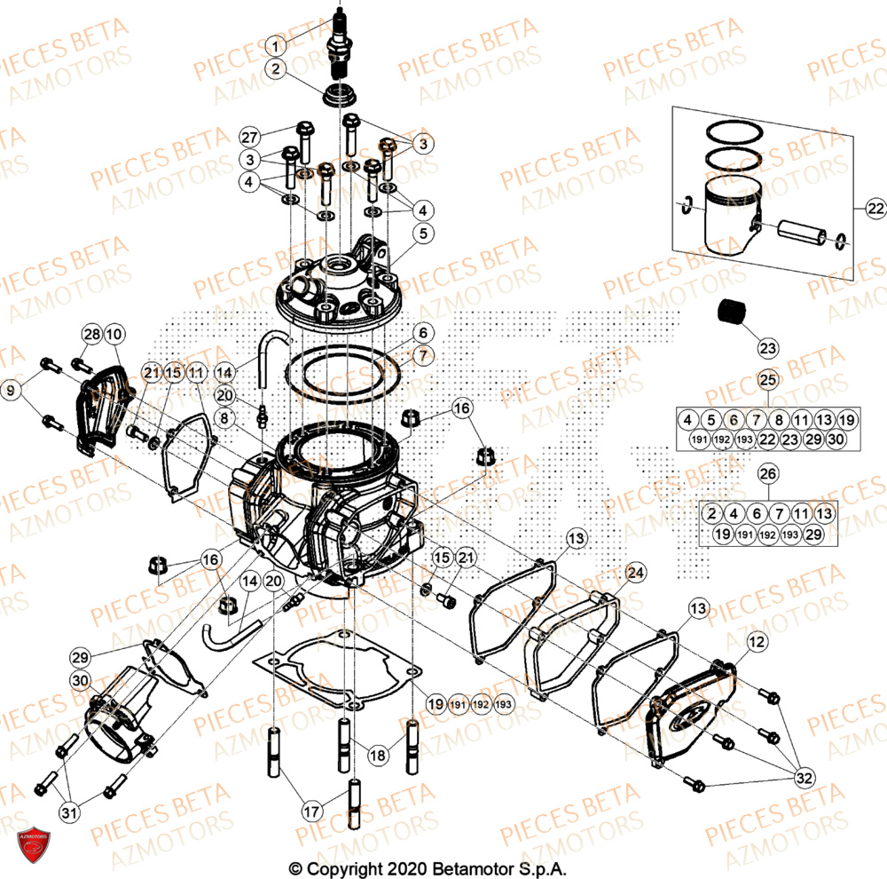 Cylindre Culasse Distribution AZMOTORS Pieces BETA CROSS RX 300 2T - (2024)